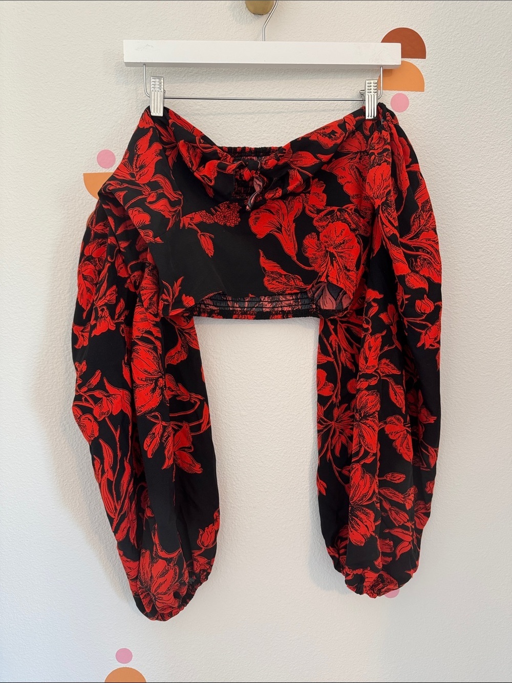Red Floral Puff Sleeve Cropped Top N0028